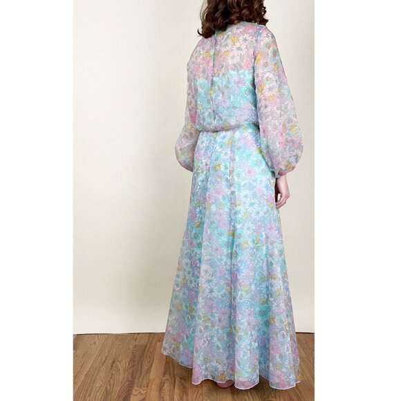 Vintage 70s Handmade Floral Gown Long Poof Puff Sleeve Princess Maxi Dress 1970s - Picture 3 of 8